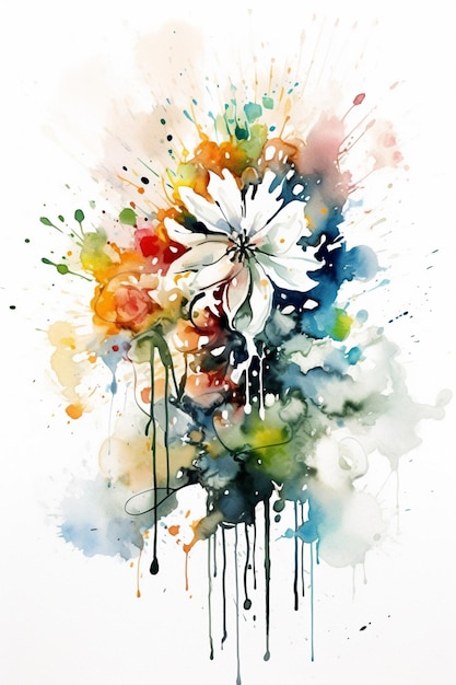 peinture d'une fleur avec des éclaboussures d'aquarelle dessus ai générative