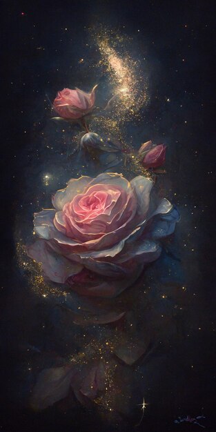 Une peinture d'une fleur avec les étoiles en arrière-plan.