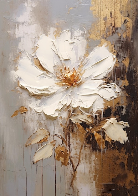 Une peinture d'une fleur avec des feuilles d'or