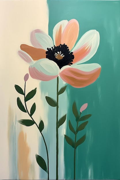 Une peinture d'une fleur avec un fond vert et une fleur rose dessus.