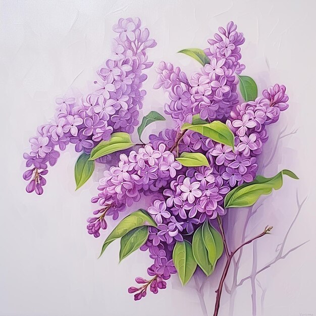 Une peinture d'une fleur de lilas avec des feuilles vertes.