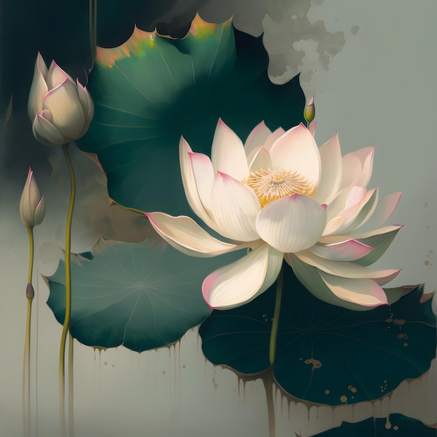 Une peinture d'une fleur de lotus blanche avec le mot lotus dessus.