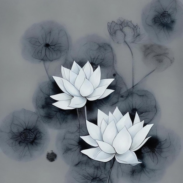 Une peinture d'une fleur de lotus blanche avec le mot lotus dessus.