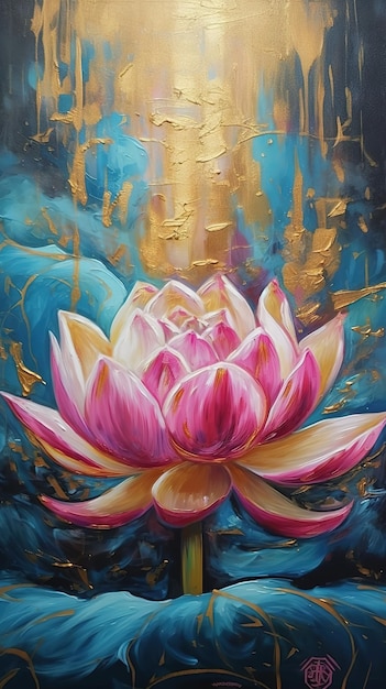 Une peinture d'une fleur de lotus avec une feuille d'or sur le fond.