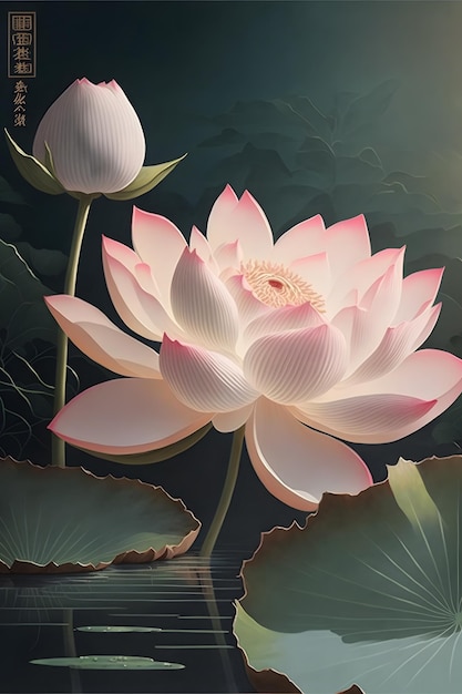 Une peinture d'une fleur de lotus avec une fleur de lotus sur la gauche.