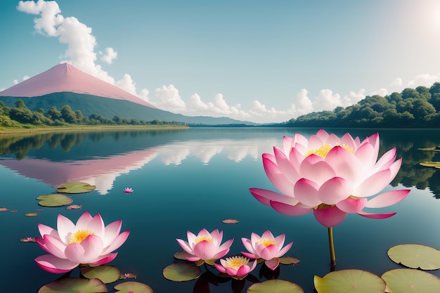 Une peinture d'une fleur de lotus sur un lac