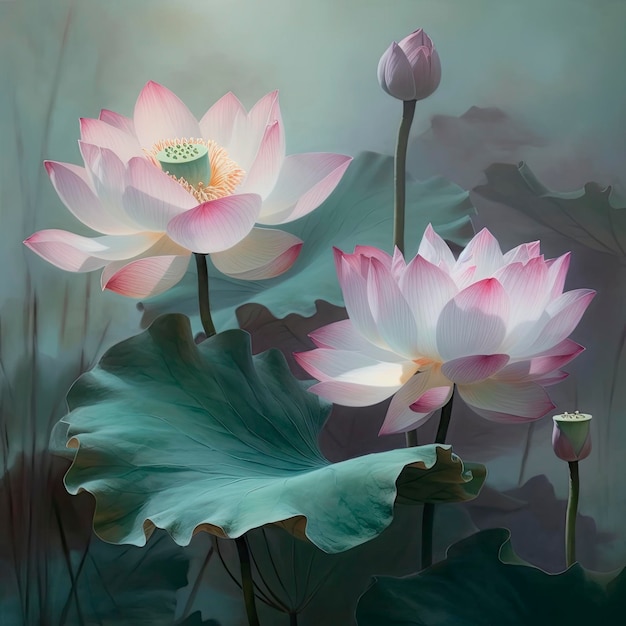 Une peinture d'une fleur de lotus avec le mot lotus dessus