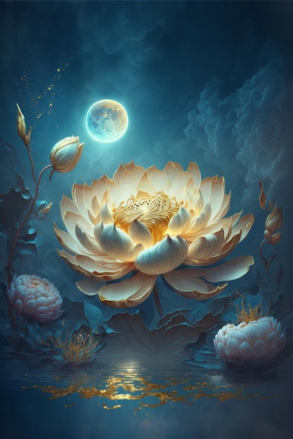 Peinture d'une fleur de lotus avec une pleine lune en arrière-plan ai générative