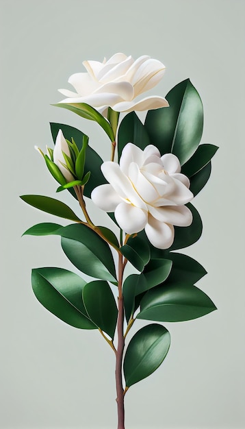 Une peinture d'une fleur de magnolia avec des feuilles vertes.