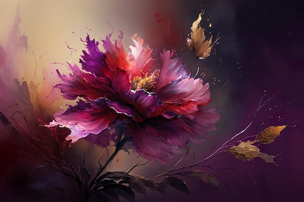 Une peinture d'une fleur avec un papillon dessus