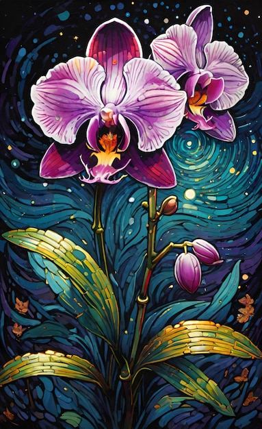 une peinture d'une fleur pourpre avec le mot orchidée