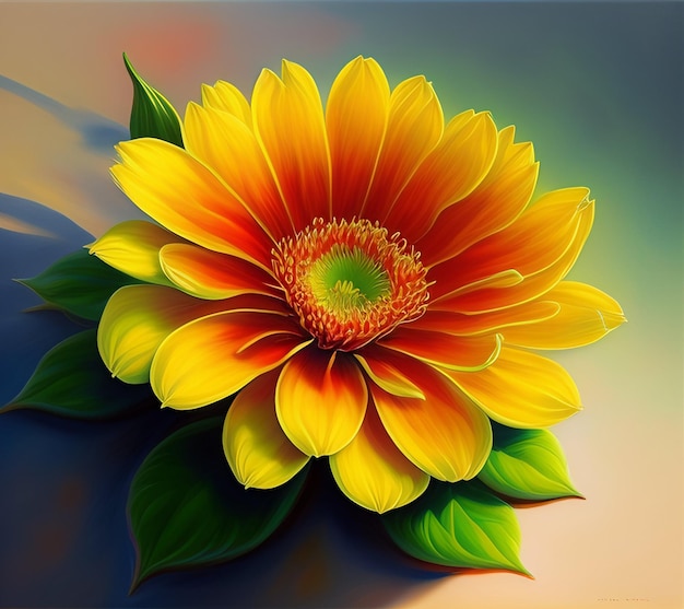 Une peinture d'une fleur qui est jaune et orange