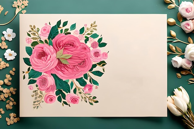 Photo une peinture d'une fleur rose avec des feuilles vertes dessus.