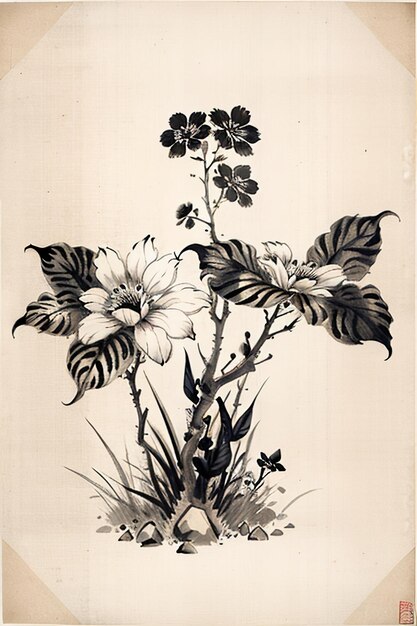 Peinture de fleurs anciennes à l'aquarelle chinoise Exposition d'art de la collection de fleurs d'une branche