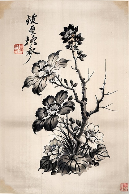 Peinture de fleurs anciennes à l'aquarelle chinoise Exposition d'art de la collection de fleurs d'une branche