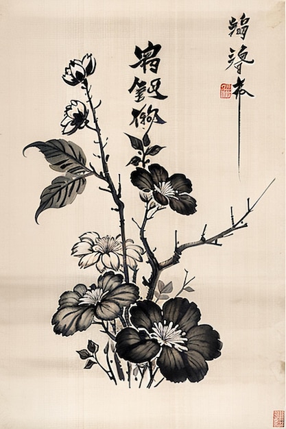 Peinture de fleurs anciennes à l'aquarelle chinoise Exposition d'art de la collection de fleurs d'une branche