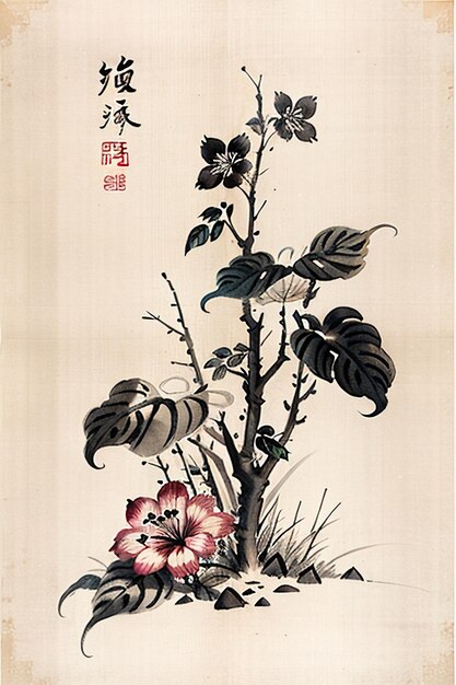 Peinture de fleurs anciennes à l'aquarelle chinoise Exposition d'art de la collection de fleurs d'une branche