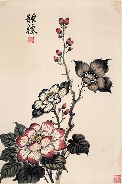 Photo peinture de fleurs anciennes à l'aquarelle chinoise exposition d'art de la collection de fleurs d'une branche