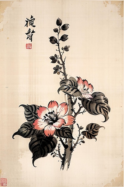 Peinture de fleurs anciennes à l'aquarelle chinoise Exposition d'art de la collection de fleurs d'une branche