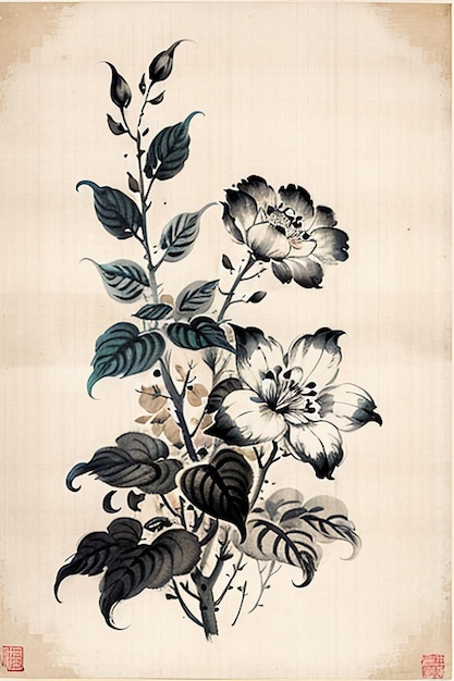 Peinture de fleurs anciennes à l'aquarelle chinoise Exposition d'art de la collection de fleurs d'une branche