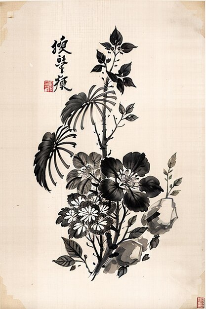 Peinture de fleurs anciennes à l'aquarelle chinoise Exposition d'art de la collection de fleurs d'une branche