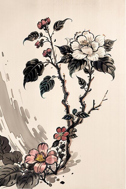 Photo peinture de fleurs anciennes de style aquarelle chinoise, collection de fleurs avec une branche, exposition d'art