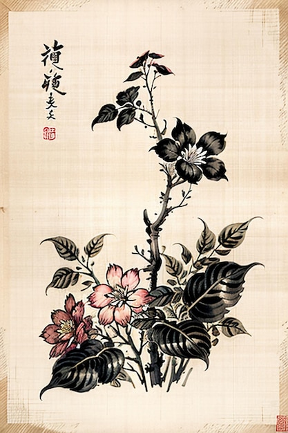 Peinture de fleurs anciennes de Style aquarelle chinoise, Collection de fleurs avec une branche, exposition d'art