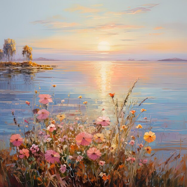 Photo une peinture de fleurs au bord de l'eau avec le coucher de soleil en arrière-plan