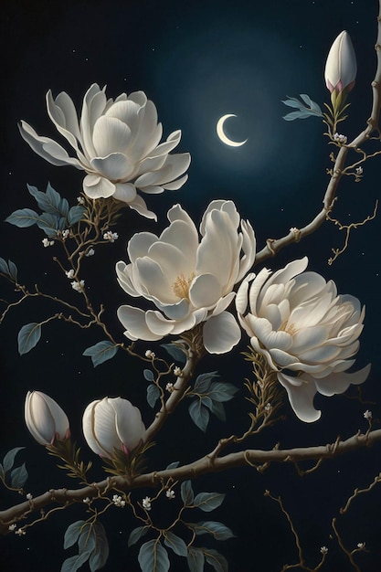 Peinture de fleurs blanches avec une demi-lune en arrière-plan ai générative