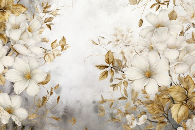 une peinture de fleurs blanches et de feuilles d'or