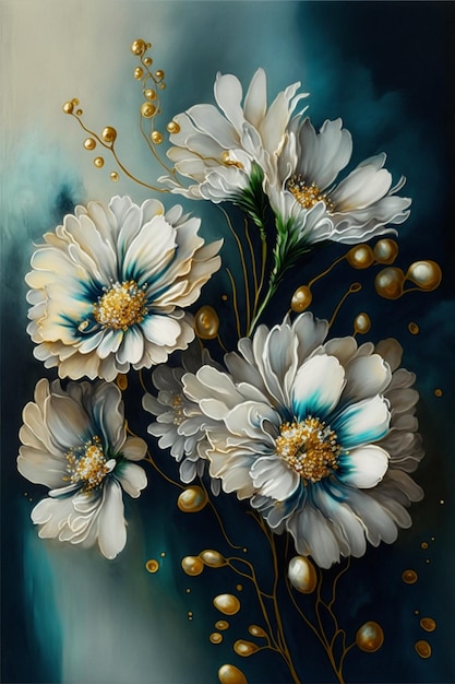 Peinture de fleurs blanches sur fond bleu ai générative