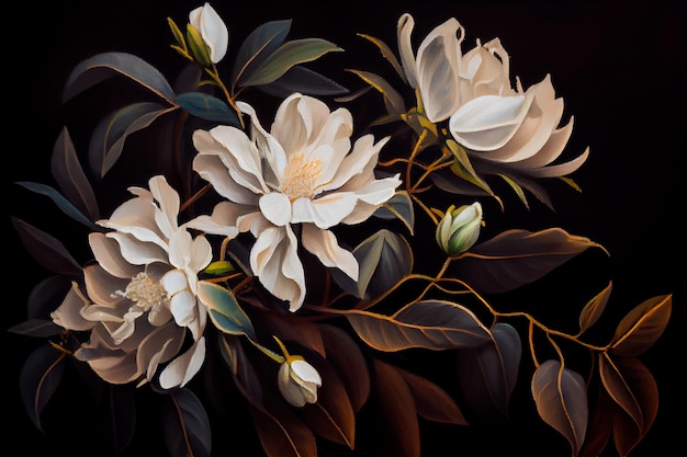 Une peinture de fleurs blanches sur fond noir IA générative