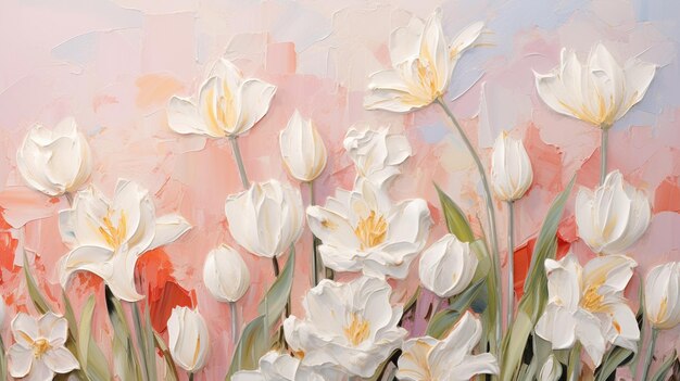 Photo peinture de fleurs blanches sur un fond rose avec un ciel bleu génératif ai
