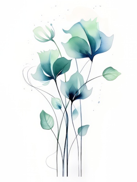 Une peinture de fleurs bleues avec des feuilles vertes et un fond blanc.