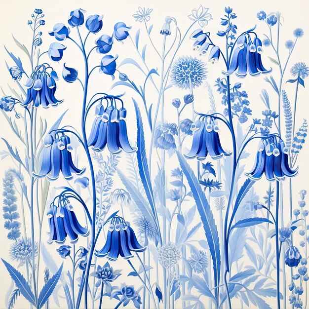 Une peinture de fleurs bleues sur un fond blanc