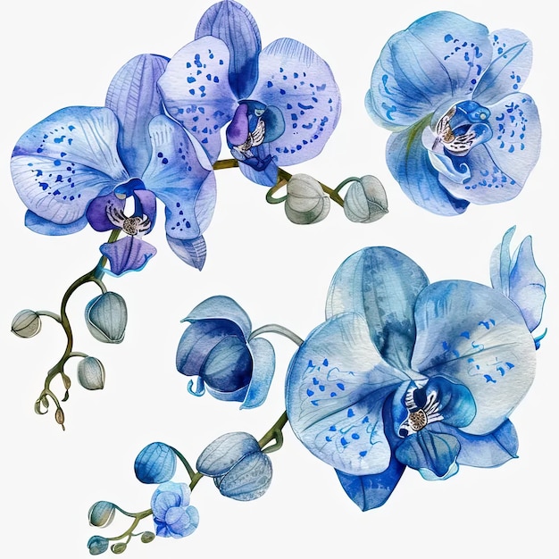 Une peinture de fleurs bleues sur un fond blanc