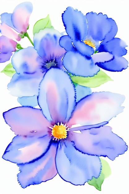 Une peinture de fleurs bleues sur fond blanc