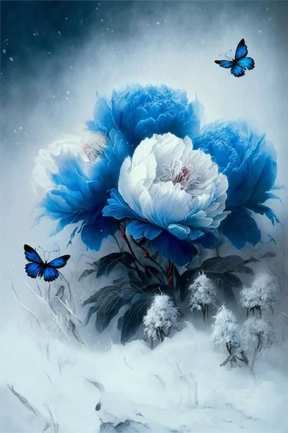 Peinture de fleurs bleues et d'un papillon ai génératif