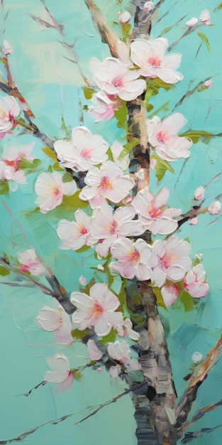 Peinture en fleurs de cerisier avec des couleurs jaune clair et vert émeraude