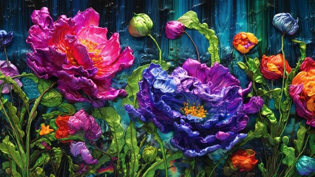 Peinture de fleurs colorées sur fond bleu avec feuilles vertes ai générative