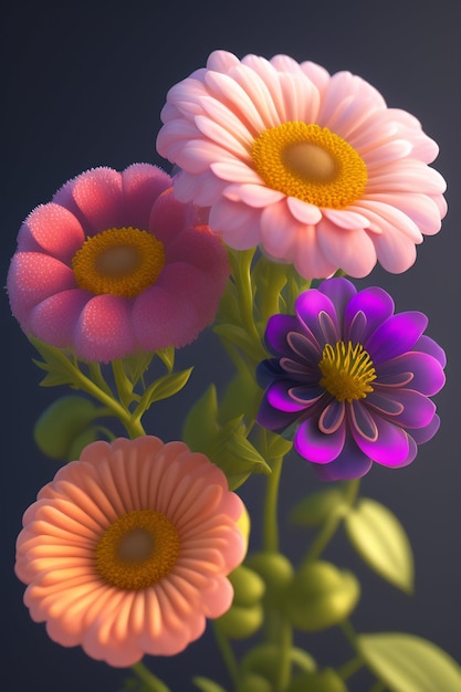 Une peinture de fleurs colorées en rose et violet.