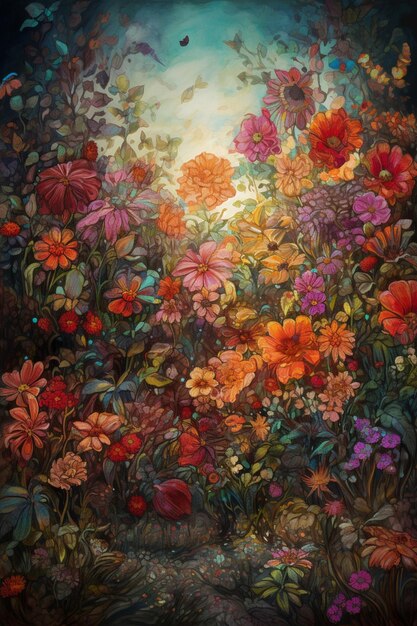 Une peinture de fleurs dans le jardin