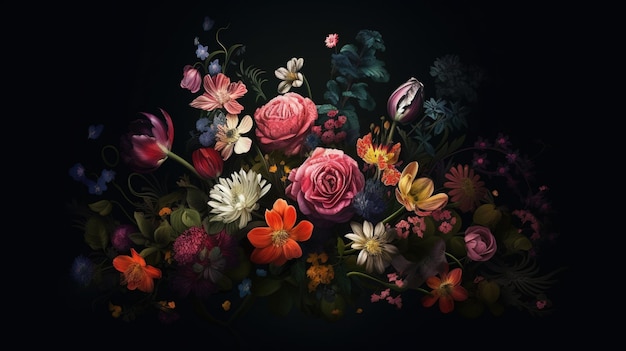 Une peinture de fleurs dans une pièce sombre