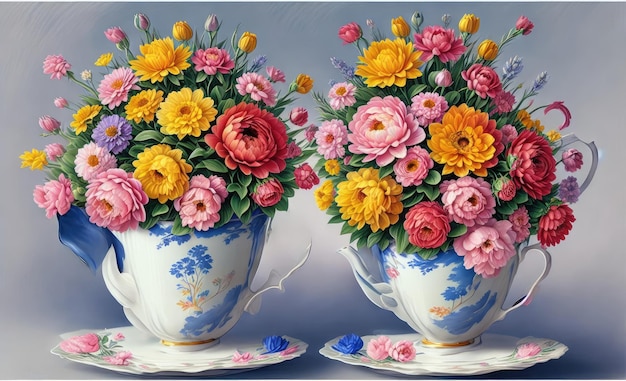 Une peinture de fleurs dans une tasse de thé