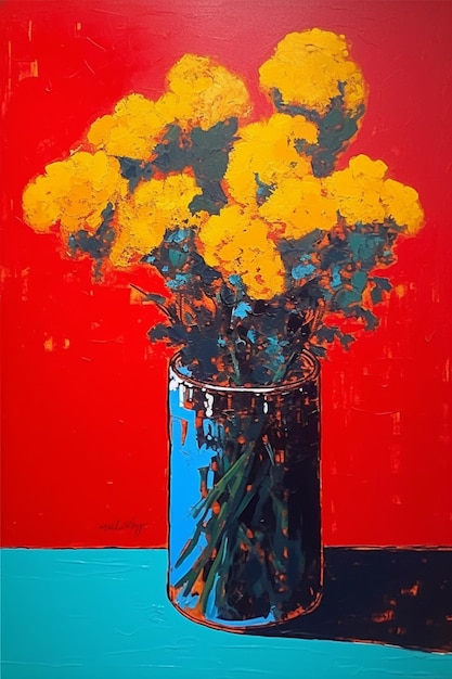 Une peinture de fleurs dans un vase bleu