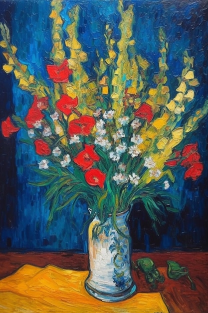 Une peinture de fleurs dans un vase avec une boule verte sur la table.