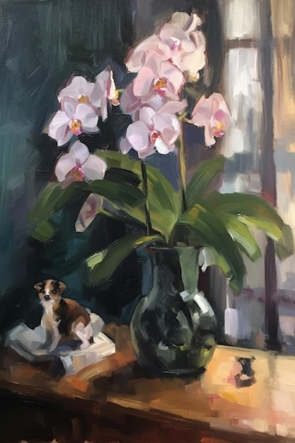 Une peinture de fleurs dans un vase avec un chien sur la table.