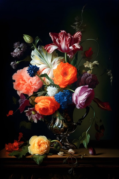 Une peinture de fleurs dans un vase avec des fleurs orange, roses et bleues.