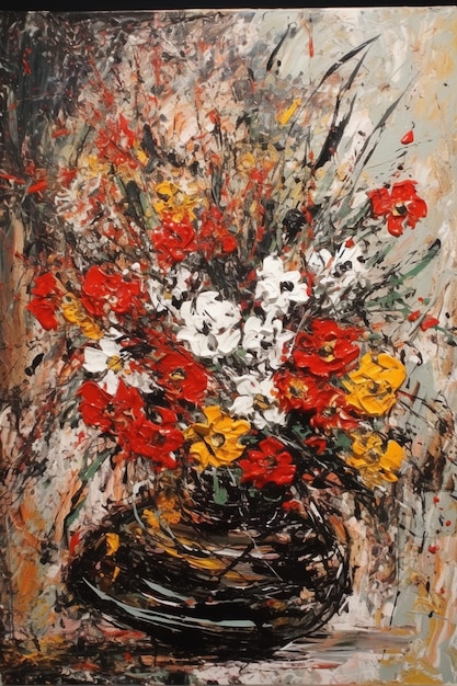 Une peinture de fleurs dans un vase avec le mot " pissenlit " dessus.