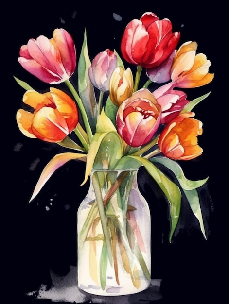 Une peinture de fleurs dans un vase avec le mot tulipes dessus.